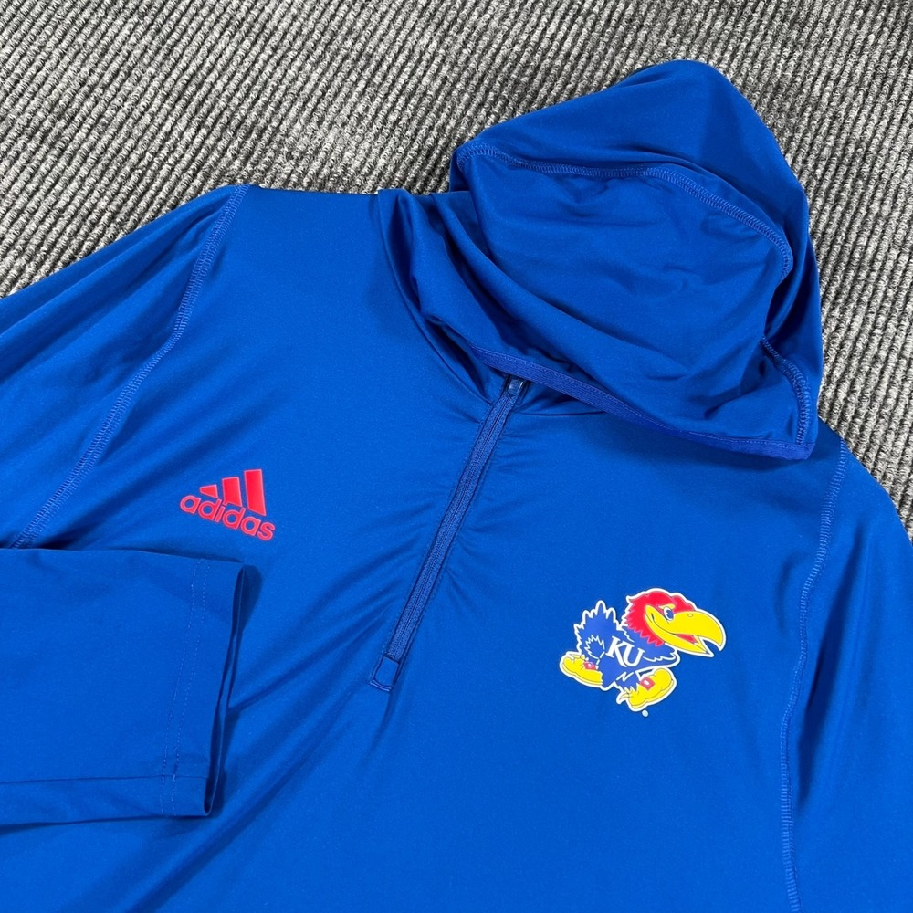 Kansas Jayhawks Pullover Shirt Mens XL Extra Large Blue Long Sleeve 1/4 Zip Hood
